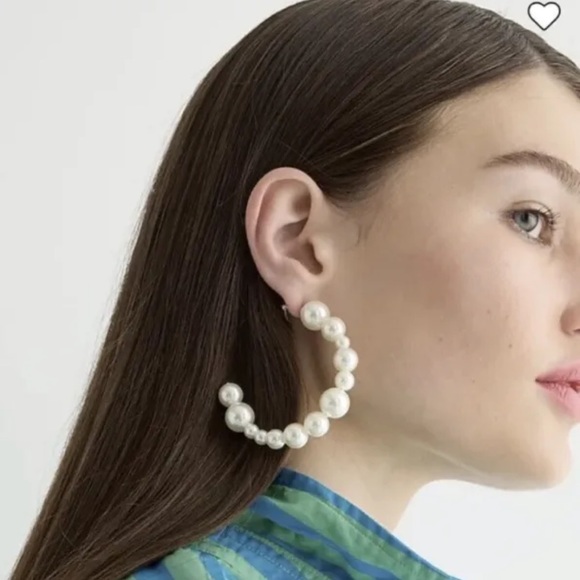 J Crew Large White Round Faux Pearl Statement Hoop Hypoallergenic Earrings NEW - Picture 5 of 10